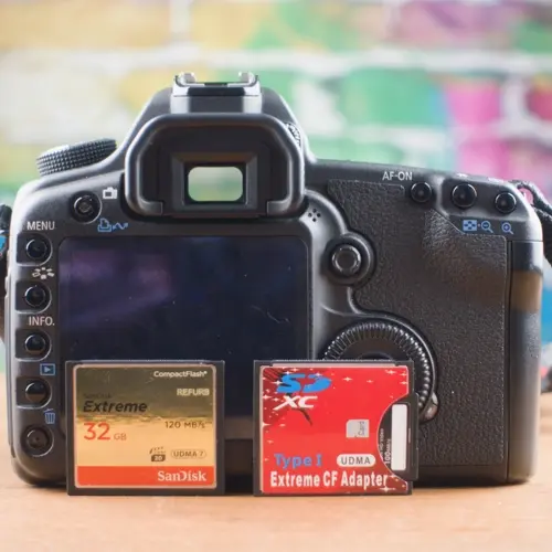 The Canon 5D mark II has a type II CompactFlash memory card slot. An SD to CF card adapter can be used. For Magic Lantern RAW video, only the fastest CompactFlash cards are will work.