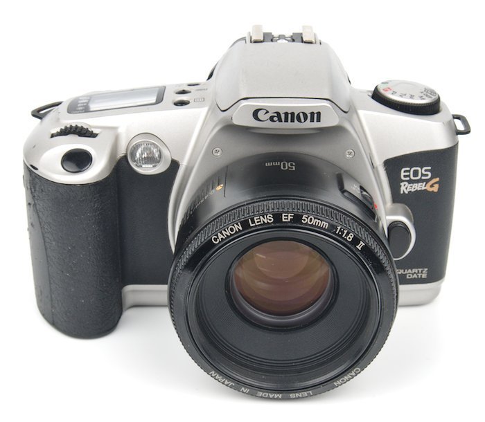 Front of the Canon EOS Rebel G with a Canon EF 50mm Lens