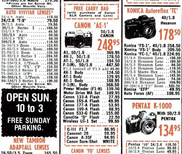 Canon AE-1 Price Listing from Popular Photography Magazine in Jan 1981. Canon AE-1 Price Listing from Popular Photography Magazine in Jan 1981.